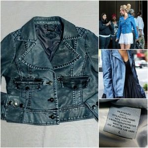 JOUJOU VEGAN LEATHER INDIGO CROP MOTTO JACKET SZ L